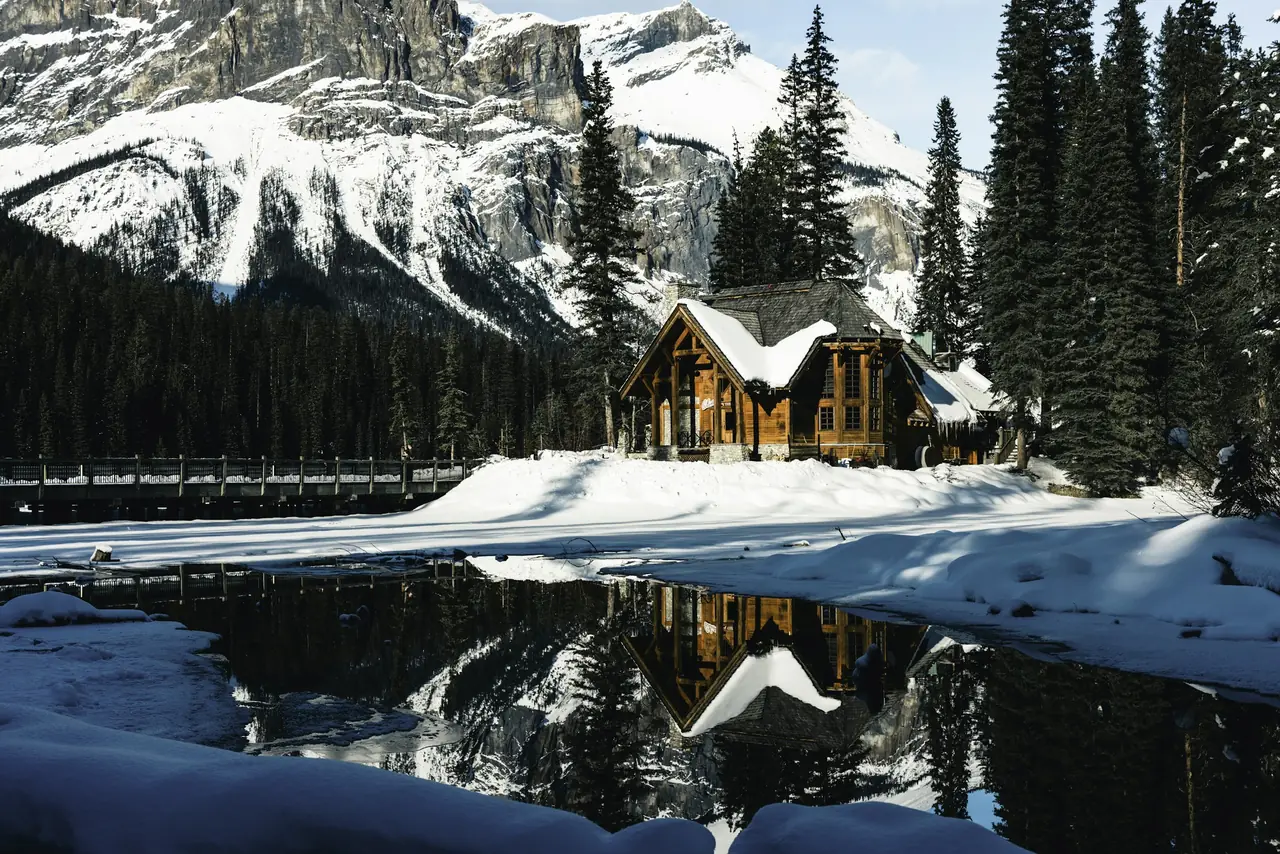 A snowy cabin on the edge of Emerald Lake in Yoho National Park, BC